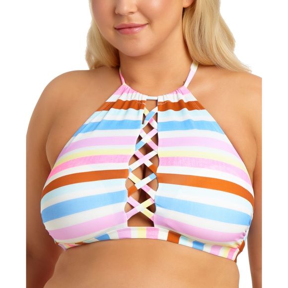California Waves Womens LINEN STRIPE Plus Size Printed Halter Bikini Swim Top 0X - Picture 4 of 4